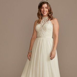 David's Bridal high neck illusion chiffon wedding dress, Ivory - 14 NEVER WORN